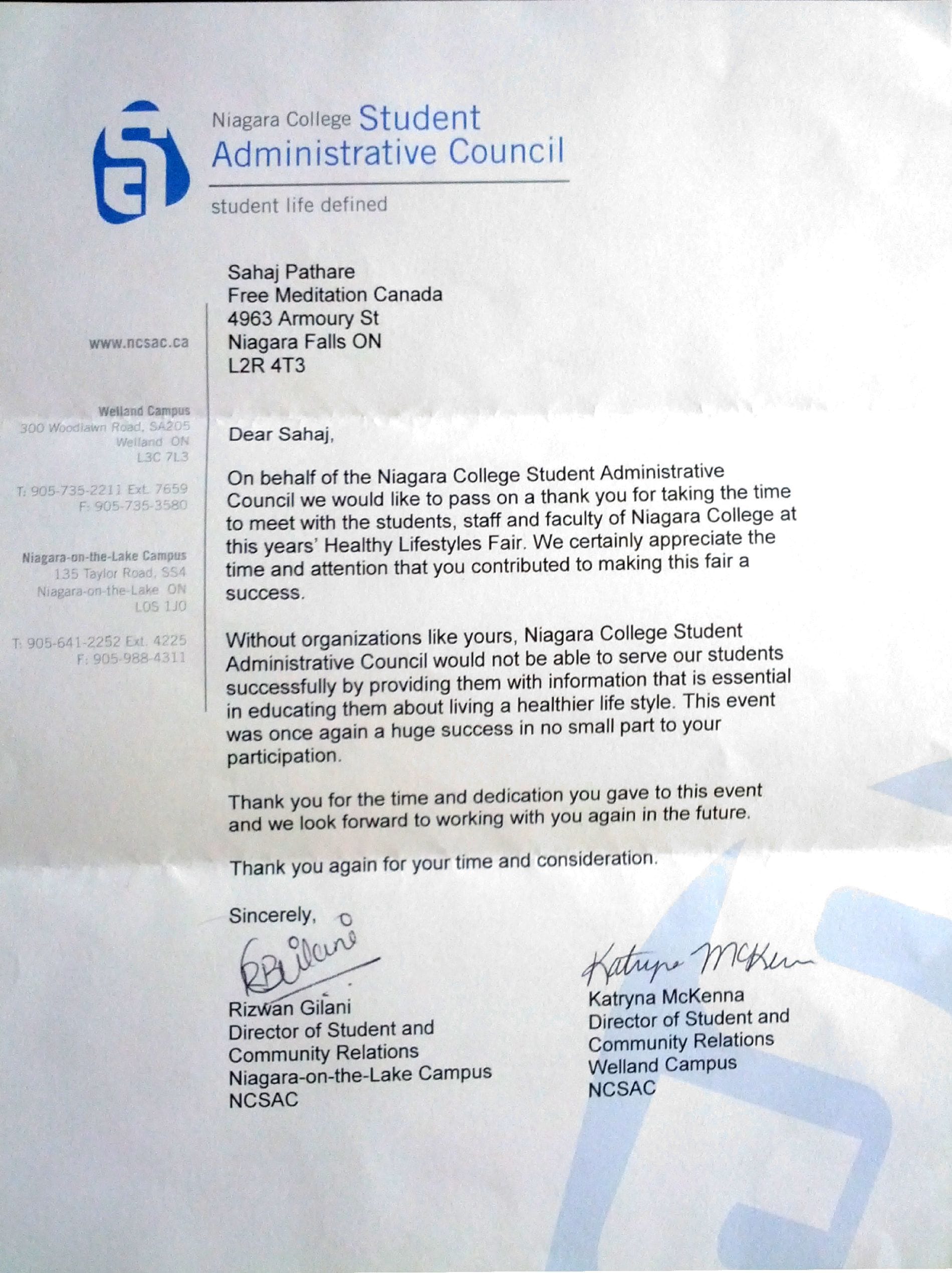 Appreciation letter from Niagara College -2013