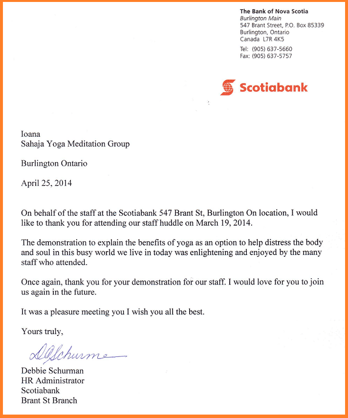 Scotia Bank - Appreciation letter