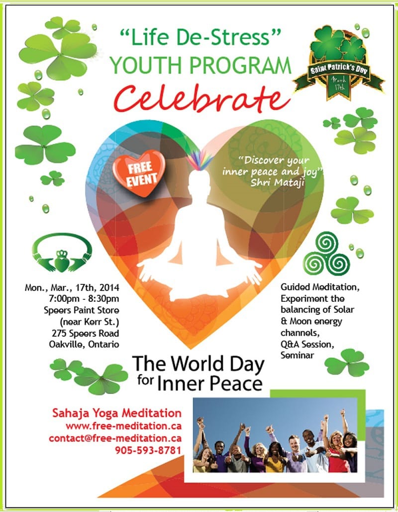 Read more about the article St Patrick’s Day 2014 – Celebrated with “World’s Inner Peace Day” Public Program in Oakville (March 17 @ 7pm)
