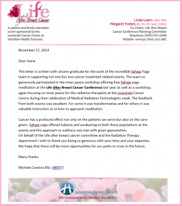 Read more about the article Volunteers from Sahaja Yoga Meditation RECEIVE Appreciation letter from Juravinski Cancer Centre at Hamilton Health Sciences for Conducting “Inner Peace” FREE Yoga Meditation Workshops