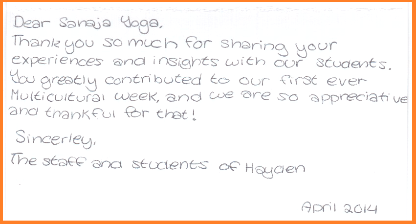 Thank you Letter from Hayden School from Staff - 2014