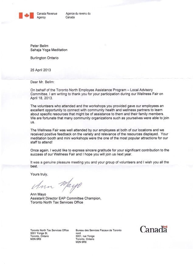 Read more about the article Canada Revenue Agency: Thank You Letter for Sahaja Yoga Meditation @ Health Fair 2013