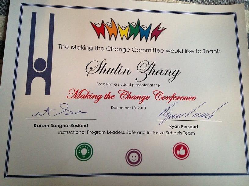 Official Thank you letter presented to Shulin - The making the Change Conference - Burlington Dec 2013